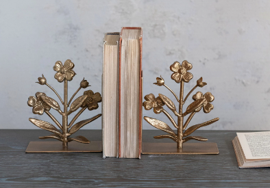 Cast Iron Flower Shaped Bookends, Gold Finish, Set of 2