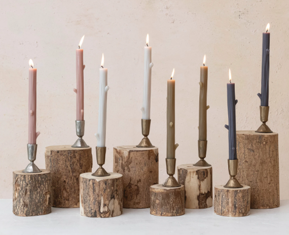 Unscented Twig Shaped Taper Candles, Khaki Color, Set of 2