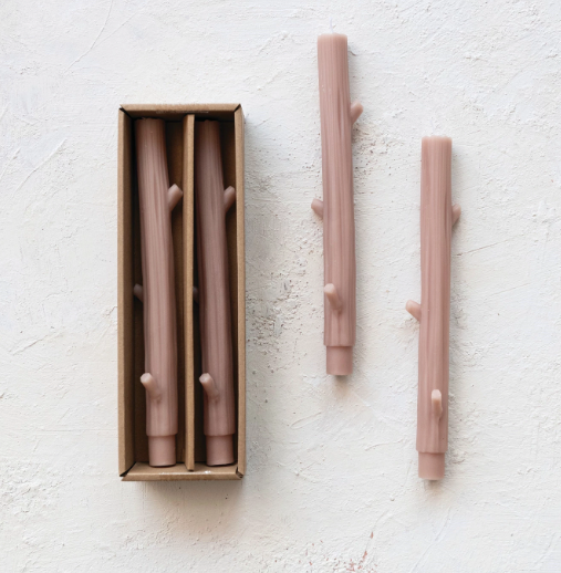 Unscented Twig Shaped Taper Candles, Khaki Color, Set of 2