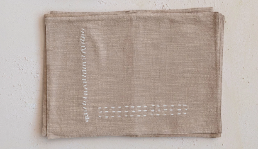 Hand-Embroidered Cotton Slub Placemat, Tan Color
